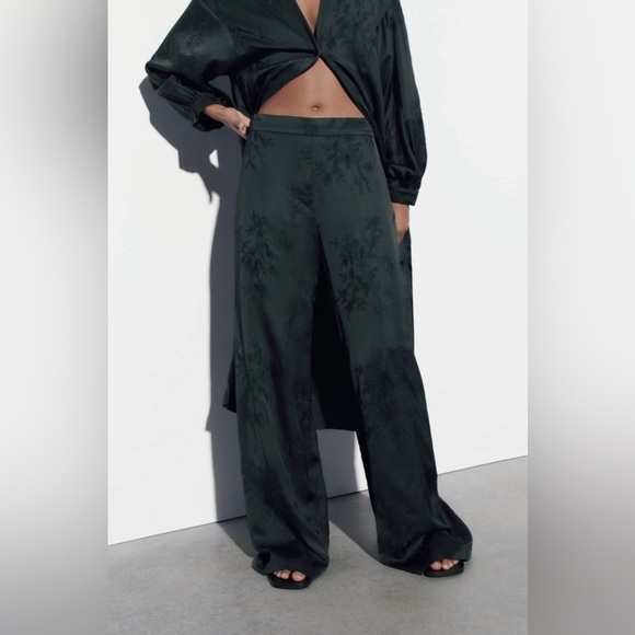 Zara Luxury Green Bohemian‎ Embroidered Satin Effect Wide Leg Lounge Pants Sz L